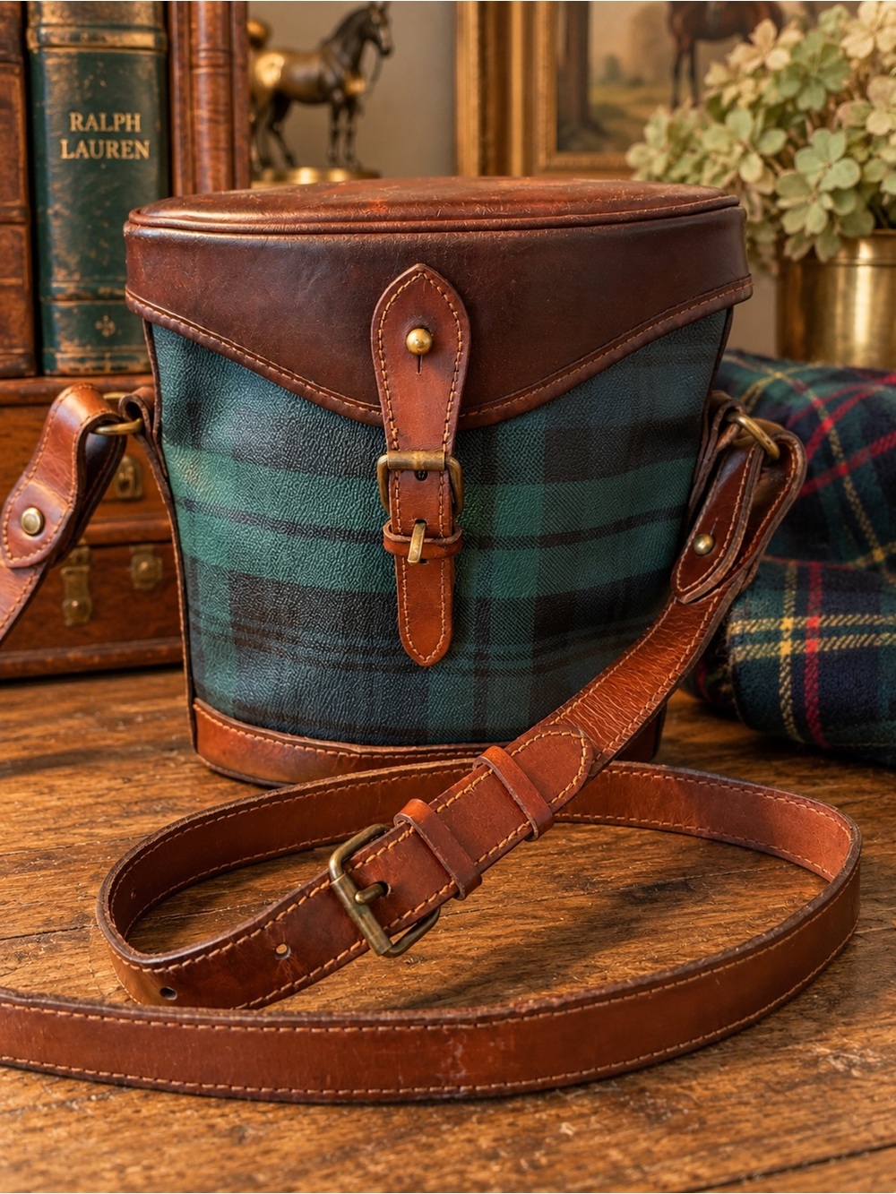 Vintage Ralph Lauren Tartan Binocular Case Shoulder Bag | Leather Plaid Crossbod